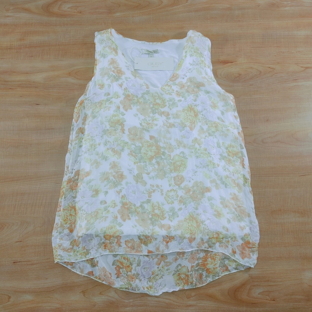 GIUSY Women's M Floral Sleeveless V-Neck Sheer Overlay Tank Top Made in Italy